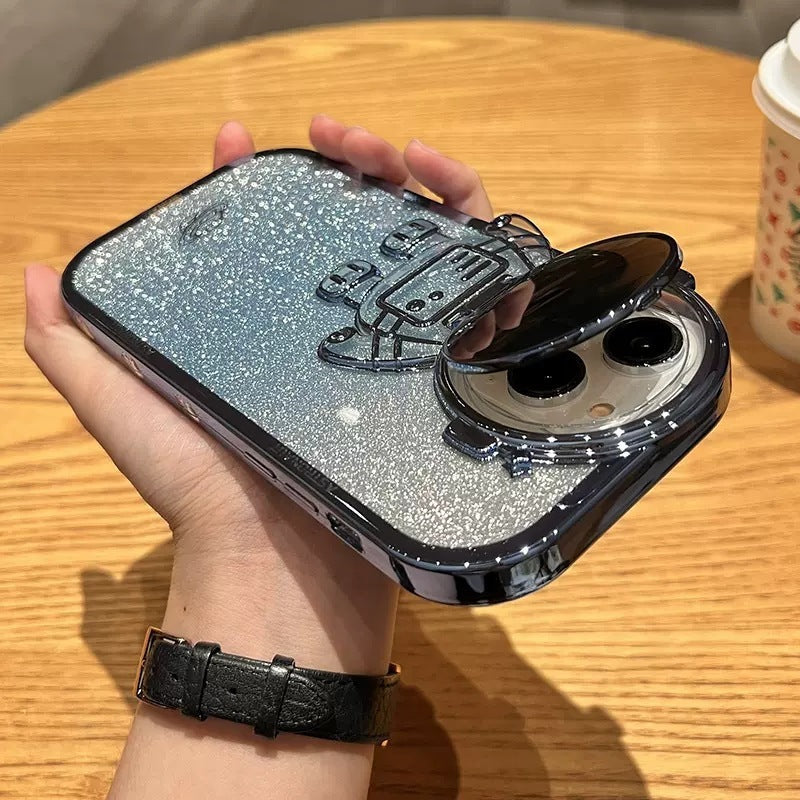 Glitter Astronaut Camera Stand Phone Case For I14 13 12 11 Pro Max XR 14 Plus Invisible Lens Bracket Plating Soft Cover