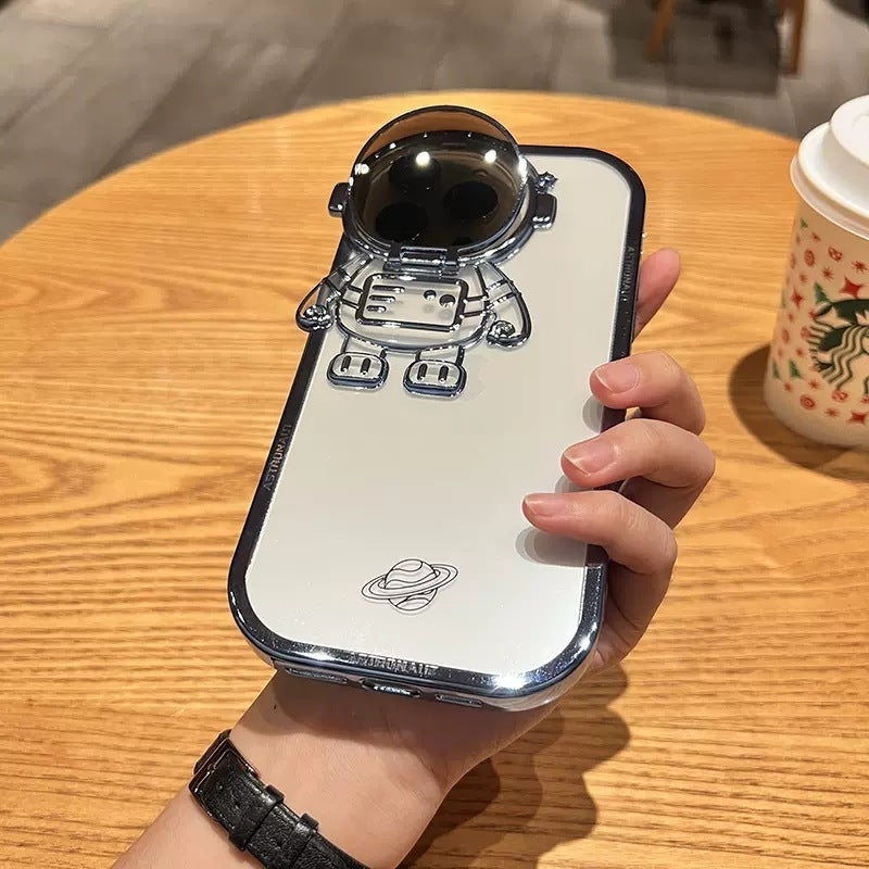 Glitter Astronaut Camera Stand Phone Case For I14 13 12 11 Pro Max XR 14 Plus Invisible Lens Bracket Plating Soft Cover