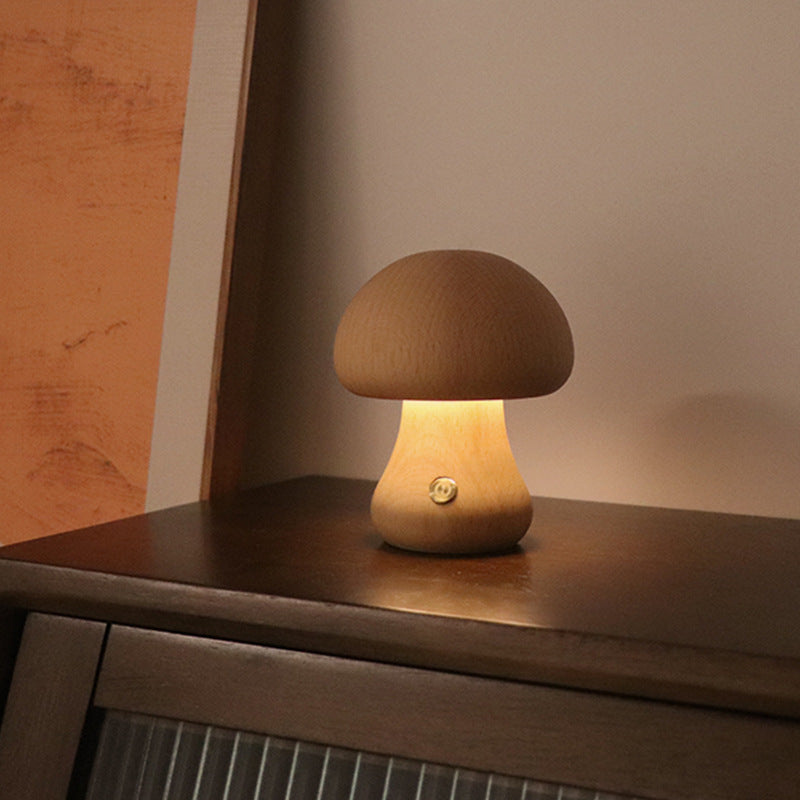 INS Wooden Cute Mushroom LED Night Light With Touch Switch  Bedside Table Lamp