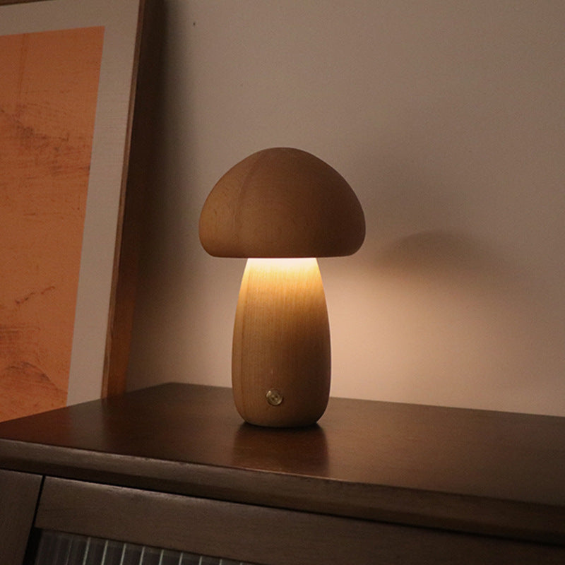 INS Wooden Cute Mushroom LED Night Light With Touch Switch  Bedside Table Lamp