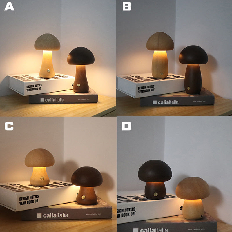 INS Wooden Cute Mushroom LED Night Light With Touch Switch  Bedside Table Lamp