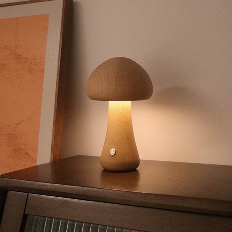 INS Wooden Cute Mushroom LED Night Light With Touch Switch  Bedside Table Lamp